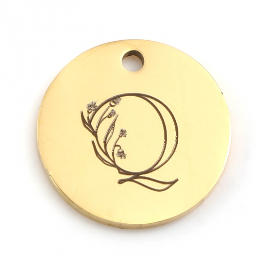 Picture of Stainless Steel Charms Round Gold Plated Flower Message " Q " 15mm Dia., 1 Piece