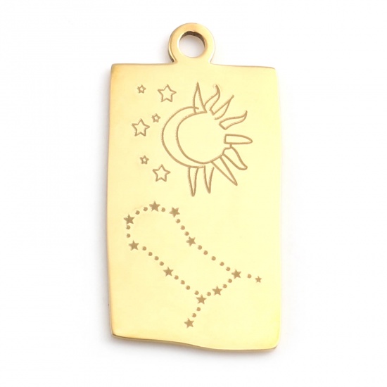 Picture of Stainless Steel Charms Rectangle Gold Plated Gemini Sign Of Zodiac Constellations 25.5mm x 13mm, 1 Piece