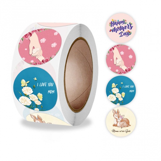 Immagine di Multicolor - Paper DIY Scrapbook Deco Stickers Round Mother's Day Deer Flower Pattern 2.5cm Dia., 1 Roll(500 PCs/Roll)