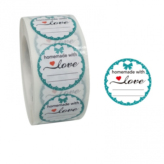 Immagine di Green Blue - Paper DIY Scrapbook Deco Stickers Round Message " Homemade With Love " 2.5cm Dia., 1 Roll(500 PCs/Roll)