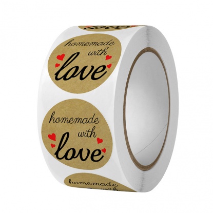 ライトブラウン-クラフト紙DIYスクラップブックデコステッカーラウンドメッセージ「愛を込めて自家製」直径2.5cm、1巻（500枚/巻） の画像