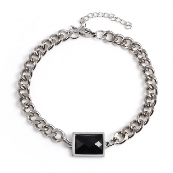 Picture of 201 Stainless Steel Anklet Silver Tone Black Rectangle 21.2cm long, 1 Piece