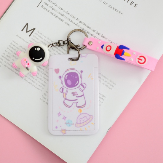 Picture of Mauve - 2# Cute Cartoon Astronaut Printed Plastic ID Card Holders With Hand Strap 11x7cm, 1 Piece