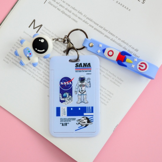 Picture of Blue - 3# Cute Cartoon Astronaut Printed Plastic ID Card Holders With Hand Strap 11x7cm, 1 Piece