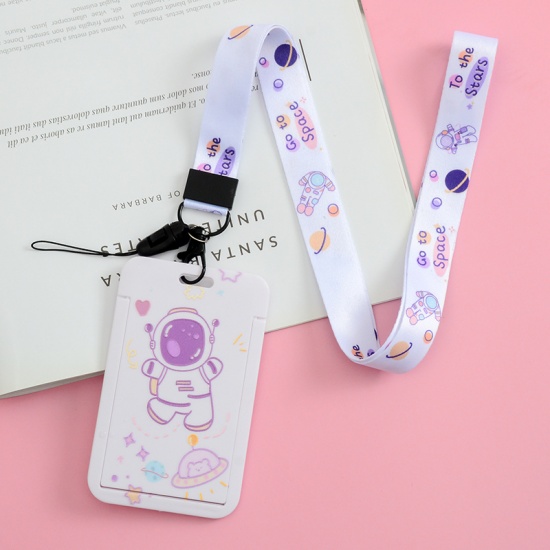 Picture of Mauve - 2# Cute Cartoon Astronaut Printed Plastic ID Card Holders With Lanyard 11x7cm, 1 Piece
