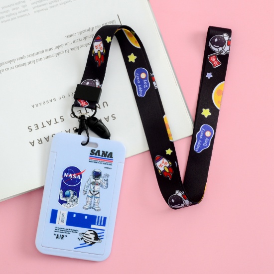 Picture of Blue - 3# Cute Cartoon Astronaut Printed Plastic ID Card Holders With Lanyard 11x7cm, 1 Piece