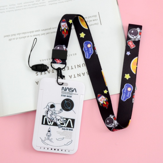 Picture of White - 4# Cute Cartoon Astronaut Printed Plastic ID Card Holders With Lanyard 11x7cm, 1 Piece