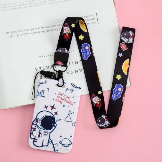 Picture of White - 5# Cute Cartoon Astronaut Printed Plastic ID Card Holders With Lanyard 11x7cm, 1 Piece