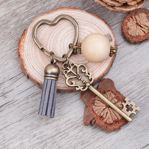 Picture of Vintage Keychain & Keyring Heart Antique Bronze Key Pendant Natural Wood Round Bead Varnish With Velvet Faux Suede Dark Gray Tassel 89mm x 31mm, 1 Piece