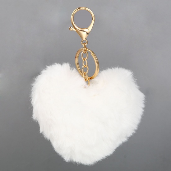 Bild von Plüsch Schlüsselkette & Schlüsselring Vergoldet Weiß Herz 14cm, 2 Stück