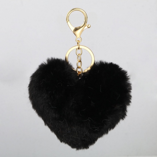 Bild von Plüsch Schlüsselkette & Schlüsselring Vergoldet Schwarz Herz 14cm, 2 Stück