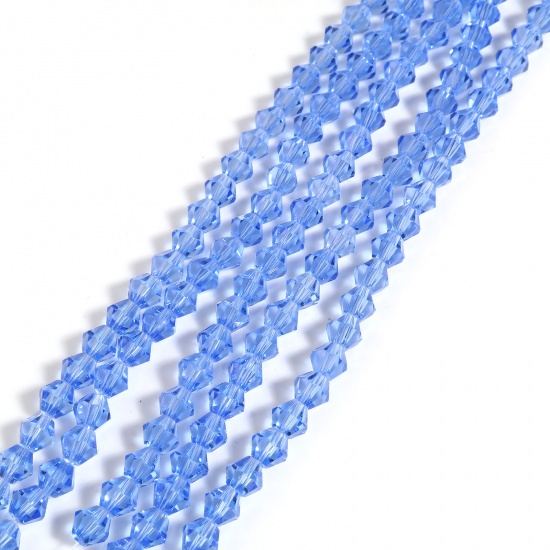 Bild von Glas Perlen Hexagon Blau Facettiert ca. 4mm x 4mm, Loch: 1mm, 40cm - 39.5cm lang, 5 Stränge (ca. 98 Stück/Strang)