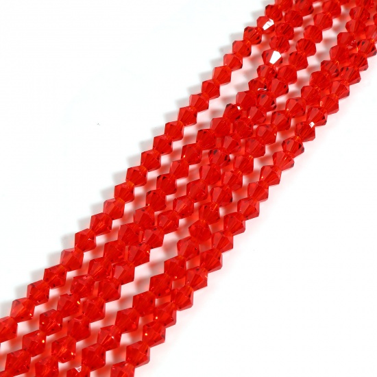 Bild von Glas Perlen Hexagon Rot Facettiert ca. 4mm x 4mm, Loch: 1mm, 40cm - 39.5cm lang, 5 Stränge (ca. 98 Stück/Strang)