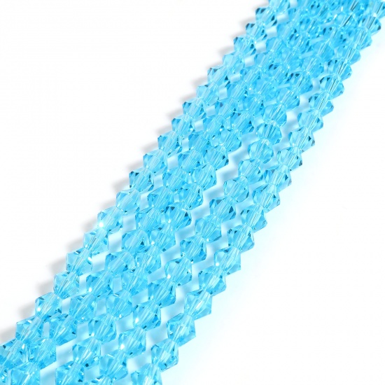 Bild von Glas Perlen Hexagon Azurblau Facettiert ca. 6mm x 6mm, Loch: 1.2mm, 29.5cm - 29cm lang, 5 Stränge (ca. 48 Stück/Strang)