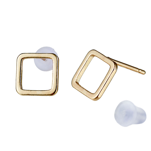 Picture of Ear Post Stud Earrings Square Hollow Matt Gold W/ Stoppers 7mm x7mm( 2/8" x 2/8"), Post/ Wire Size: (20 gauge), 1 Pair
