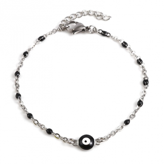 Picture of Stainless Steel Religious Link Cable Chain Bracelets Silver Tone Black Round Evil Eye Enamel 17.5cm(6 7/8") long, 1 Piece
