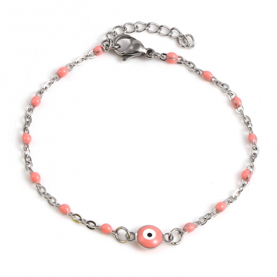 Picture of Stainless Steel Religious Link Cable Chain Bracelets Silver Tone Peach Pink Round Evil Eye Enamel 17.5cm(6 7/8") long, 1 Piece