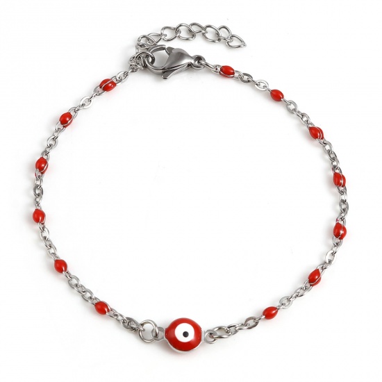 Picture of Stainless Steel Religious Link Cable Chain Bracelets Silver Tone Red Round Evil Eye Enamel 17.5cm(6 7/8") long, 1 Piece