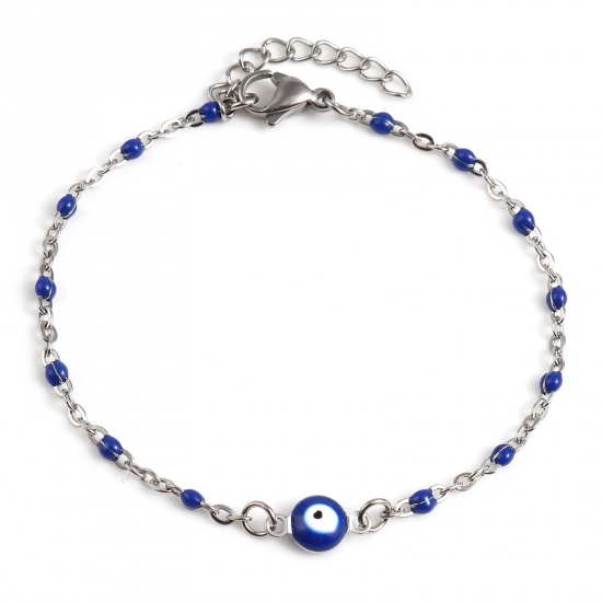 Picture of Stainless Steel Religious Link Cable Chain Bracelets Silver Tone Dark Blue Round Evil Eye Enamel 17.5cm(6 7/8") long, 1 Piece