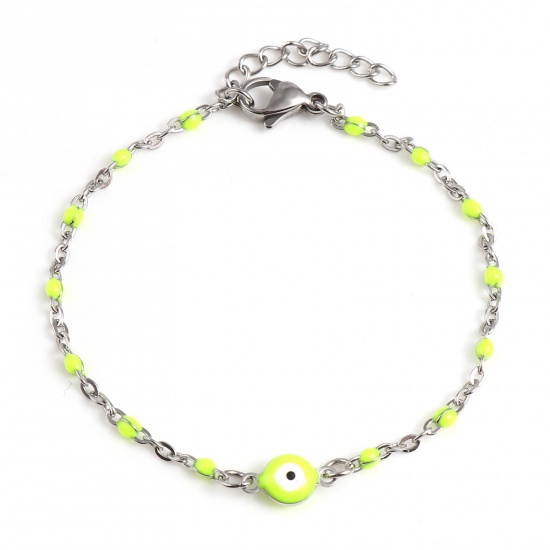 Picture of Stainless Steel Religious Link Cable Chain Bracelets Silver Tone Neon Yellow Round Evil Eye Enamel 17.5cm(6 7/8") long, 1 Piece