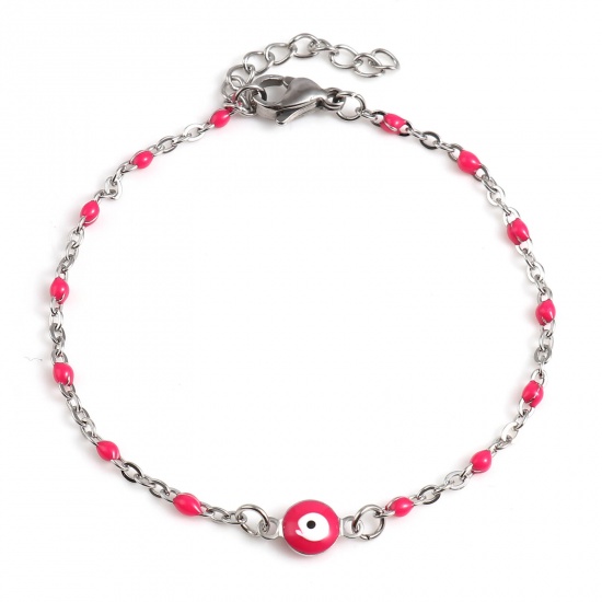 Picture of Stainless Steel Religious Link Cable Chain Bracelets Silver Tone Fuchsia Round Evil Eye Enamel 17.5cm(6 7/8") long, 1 Piece