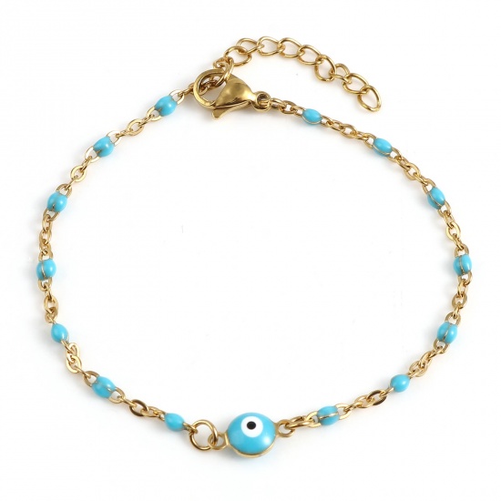 Picture of Stainless Steel Religious Link Cable Chain Bracelets Gold Plated Blue Round Evil Eye Enamel 17.5cm(6 7/8") long, 1 Piece