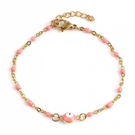 Picture of Stainless Steel Religious Link Cable Chain Bracelets Gold Plated Peach Pink Round Evil Eye Enamel 17.5cm(6 7/8") long, 1 Piece