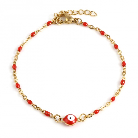 Picture of Stainless Steel Religious Link Cable Chain Bracelets Gold Plated Red Round Evil Eye Enamel 17.5cm(6 7/8") long, 1 Piece
