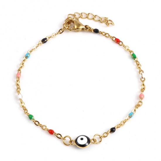 Picture of Stainless Steel Religious Link Cable Chain Bracelets Gold Plated Multicolor Round Evil Eye Enamel 17.5cm(6 7/8") long, 1 Piece