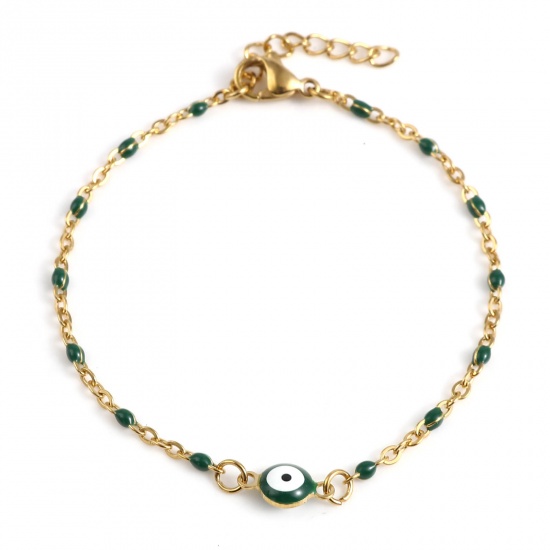 Picture of Stainless Steel Religious Link Cable Chain Bracelets Gold Plated Dark Green Round Evil Eye Enamel 17.5cm(6 7/8") long, 1 Piece