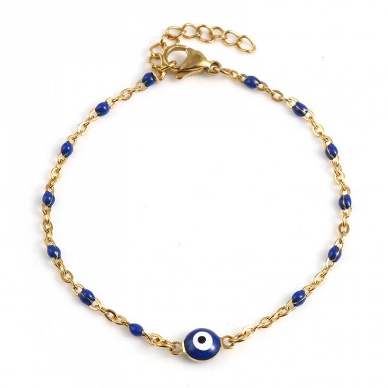Picture of Stainless Steel Religious Link Cable Chain Bracelets Gold Plated Dark Blue Round Evil Eye Enamel 17.5cm(6 7/8") long, 1 Piece