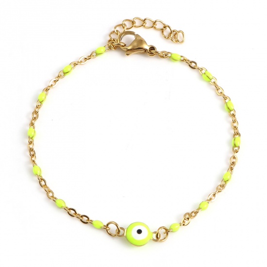 Picture of Stainless Steel Religious Link Cable Chain Bracelets Gold Plated Neon Yellow Round Evil Eye Enamel 17.5cm(6 7/8") long, 1 Piece