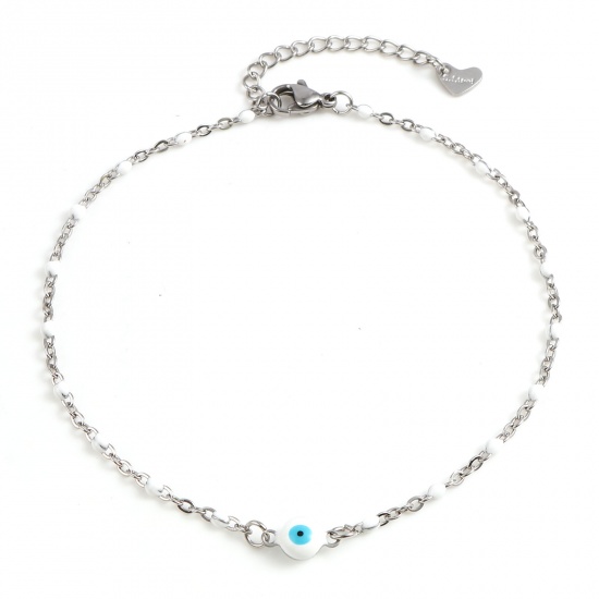 Picture of Stainless Steel Religious Anklet Silver Tone White Enamel Round Evil Eye 25cm(9 7/8") long, 1 Piece