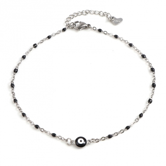 Picture of Stainless Steel Religious Anklet Silver Tone Black Enamel Round Evil Eye 25cm(9 7/8") long, 1 Piece