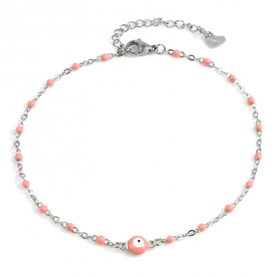 Picture of Stainless Steel Religious Anklet Silver Tone Peach Pink Enamel Round Evil Eye 25cm(9 7/8") long, 1 Piece