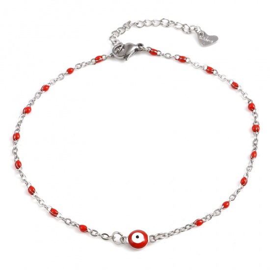 Picture of Stainless Steel Religious Anklet Silver Tone Red Enamel Round Evil Eye 25cm(9 7/8") long, 1 Piece