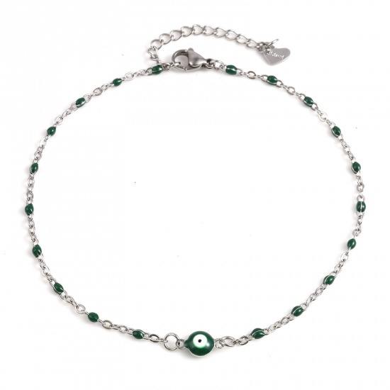 Picture of Stainless Steel Religious Anklet Silver Tone Dark Green Enamel Round Evil Eye 25cm(9 7/8") long, 1 Piece