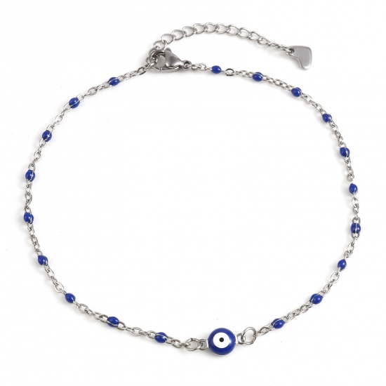 Picture of Stainless Steel Religious Anklet Silver Tone Dark Blue Enamel Round Evil Eye 25cm(9 7/8") long, 1 Piece