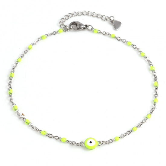 Picture of Stainless Steel Religious Anklet Silver Tone Neon Yellow Enamel Round Evil Eye 25cm(9 7/8") long, 1 Piece