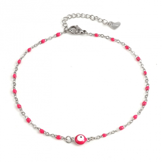 Picture of Stainless Steel Religious Anklet Silver Tone Fuchsia Enamel Round Evil Eye 25cm(9 7/8") long, 1 Piece