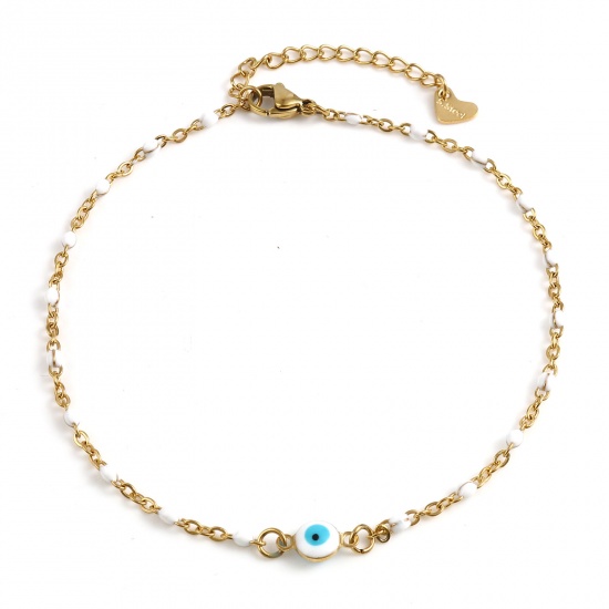 Picture of Stainless Steel Religious Anklet Gold Plated White Enamel Round Evil Eye 25cm(9 7/8") long, 1 Piece