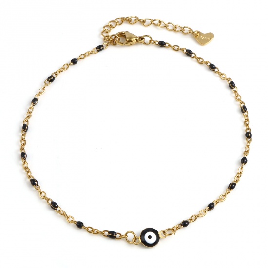 Picture of Stainless Steel Religious Anklet Gold Plated Black Enamel Round Evil Eye 25cm(9 7/8") long, 1 Piece