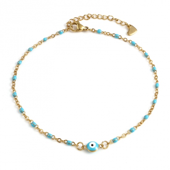 Picture of Stainless Steel Religious Anklet Gold Plated Blue Enamel Round Evil Eye 25cm(9 7/8") long, 1 Piece