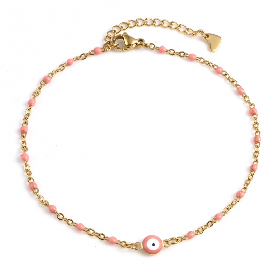 Picture of Stainless Steel Religious Anklet Gold Plated Peach Pink Enamel Round Evil Eye 25cm(9 7/8") long, 1 Piece