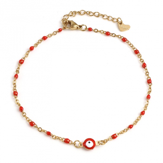 Picture of Stainless Steel Religious Anklet Gold Plated Red Enamel Round Evil Eye 25cm(9 7/8") long, 1 Piece