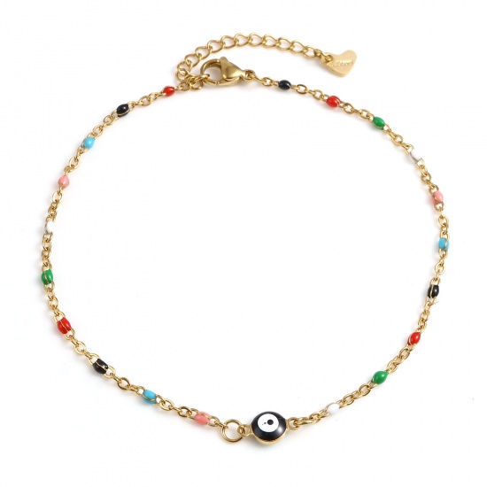 Picture of Stainless Steel Religious Anklet Gold Plated Multicolor Enamel Round Evil Eye 25cm(9 7/8") long, 1 Piece