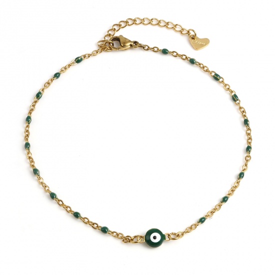 Picture of Stainless Steel Religious Anklet Gold Plated Dark Green Enamel Round Evil Eye 25cm(9 7/8") long, 1 Piece