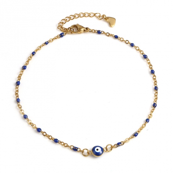 Picture of Stainless Steel Religious Anklet Gold Plated Dark Blue Enamel Round Evil Eye 25cm(9 7/8") long, 1 Piece