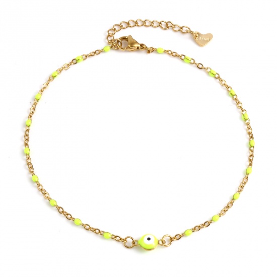 Picture of Stainless Steel Religious Anklet Gold Plated Neon Yellow Enamel Round Evil Eye 25cm(9 7/8") long, 1 Piece