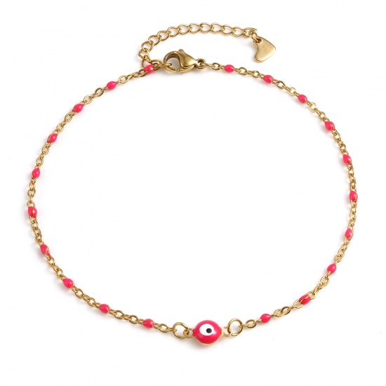 Picture of Stainless Steel Religious Anklet Gold Plated Fuchsia Enamel Round Evil Eye 25cm(9 7/8") long, 1 Piece
